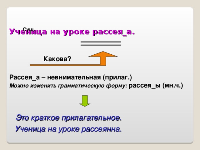  Ученица на уроке рассея_а. Сущ. Какова? Рассея_а – невнимательная (прилаг.) Можно изменить грамматическую форму: рассея_ы (мн.ч.) Это краткое прилагательное. Ученица на уроке рассеянна.   