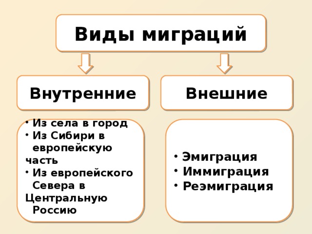 Виды миграций Внутренние Внешние  Эмиграция  Иммиграция  Реэмиграция  Из села в город  Из Сибири в  европейскую часть  Из европейского  Севера в Центральную  Россию 