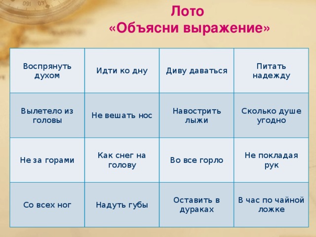 Лото «Объясни выражение» ободриться вдоволь Воспрянуть духом Идти ко дну Вылетело из головы Диву даваться Не вешать нос Не за горами Навострить лыжи Со всех ног Как снег на голову Питать надежду Во все горло Надуть губы Сколько душе угодно Оставить в дураках Не покладая рук В час по чайной ложке рядом тонуть внезапно удивляться громко надеяться усердно забыть не унывать быстро медленно обмануть обидеться убегать