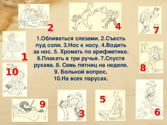 4 2 7 1.Обливаться слезами. 2.Съесть пуд соли. 3.Нос к носу. 4.Водить за нос. 5. Хромать по арифметике. 6.Плакать в три ручья. 7.Спустя рукава. 8. Семь пятниц на неделе. 9. Больной вопрос. 10.На всех парусах. 1 8 10 5 9 6 3