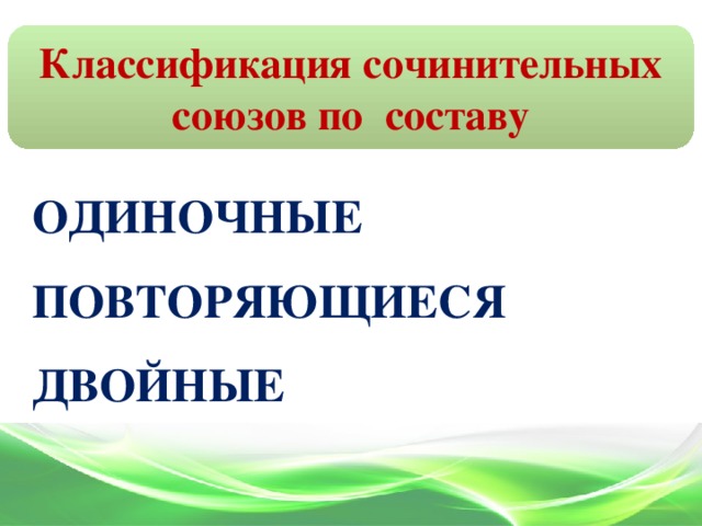 Классификация сочинительных союзов по составу  ОДИНОЧНЫЕ   ПОВТОРЯЮЩИЕСЯ   ДВОЙНЫЕ