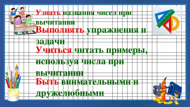 Узнать названия чисел при вычитании Выполнять упражнения и задачи Учиться читать примеры, используя числа при вычитании Быть внимательными и дружелюбными 