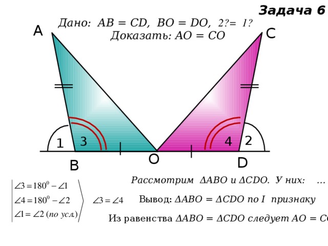 Задача 6 Дано: AВ = CD, BО = DO, ے 1 = ے 2  Доказать: AO = CO А С 2 3 4 1 О D В Рассмотрим ΔABO и ΔCDO. У них: … Вывод: ΔABO = ΔCDO по I признаку Из равенства ΔABO = ΔCDO следует AO = CO 