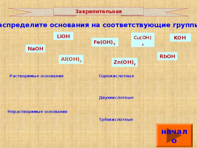 Закрепительная Распределите основания на соответствующие группы: LiOH LiOH Cu(OH) 2 KOH KOH Cu(OH) 2 Fe(OH) 3 Fe(OH) 3 NaOH NaOH RbOH RbOH А l(OH) 3 А l(OH) 3 Zn(OH) 2 Zn(OH) 2 Однокислотные Растворимые основания Двухкислотные Нерастворимые основания Трёхкислотные начало 5 