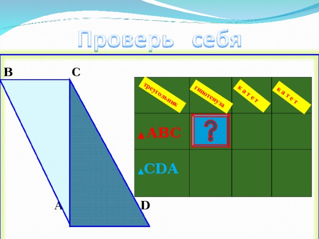 гипотенуза треугольник к а т е т к а т е т B  C  A  D ▲ ABC ▲ CDA 