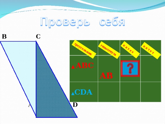 гипотенуза треугольник к а т е т к а т е т B C  A  D ▲ ABC  A B ▲ CDA 