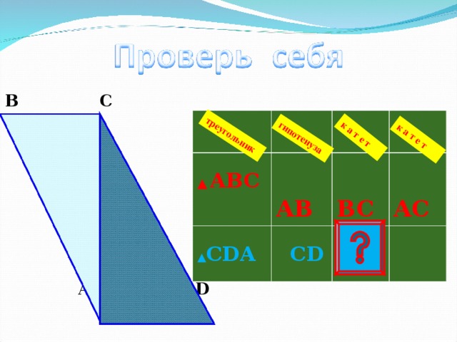 гипотенуза треугольник к а т е т к а т е т B C  A  D ▲ ABC  A B ▲ CDA  B C  C D  A C 