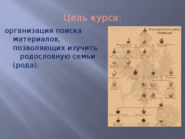 Цель курса: организация поиска материалов, позволяющих изучить родословную семьи (рода). 