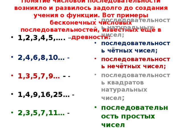    Понятие числовой последовательности возникло и развилось задолго до создания учения о функции. Вот примеры бесконечных числовых последовательностей, известных ещё в древности:   1,2,3,4,5,…. – последовательность натуральных чисел; последовательность чётных чисел; 2,4,6,8,10… - последовательность нечётных чисел;  последовательность квадратов натуральных чисел ; 1,3,5,7,9… - - последовательность простых чисел  1,4,9,16,25… -  2,3,5,7,11… - 