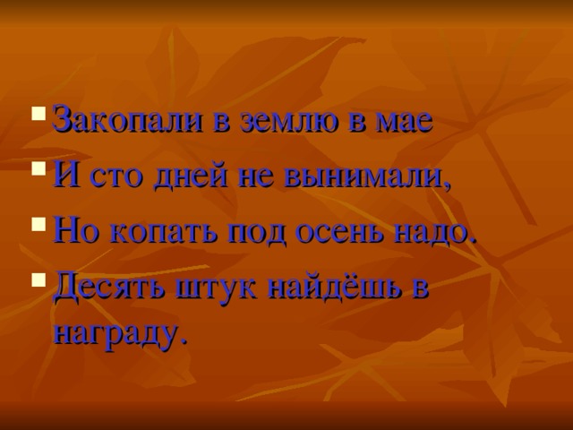 Закопали в землю в мае И сто дней не вынимали, Но копать под осень надо. Десять штук найдёшь в награду. 