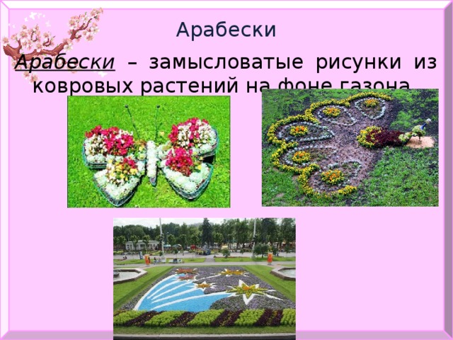 Арабески Арабески – замысловатые рисунки из ковровых растений на фоне газона. 