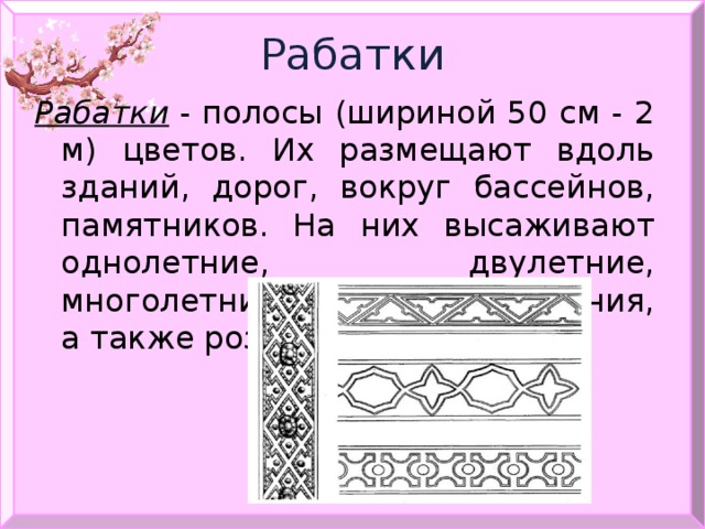 Рабатки Рабатки  - полосы (шириной 50 см - 2 м) цветов. Их размещают вдоль зданий, дорог, вокруг бассейнов, памятников. На них высаживают однолетние, двулетние, многолетние и ковровые растения, а также розы. 