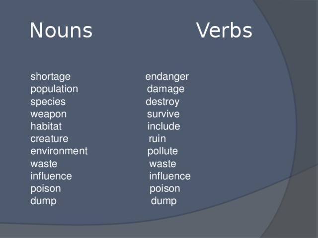 Forming nouns from verbs. Verb Noun. Noun verb waste. Polluted Noun. Destroy Noun.