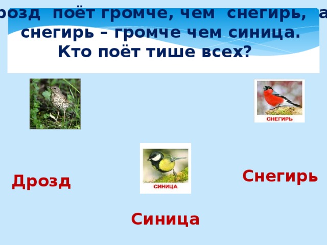 Дрозд поёт громче, чем снегирь, а  снегирь – громче чем синица. Кто поёт тише всех? Снегирь Дрозд Синица 