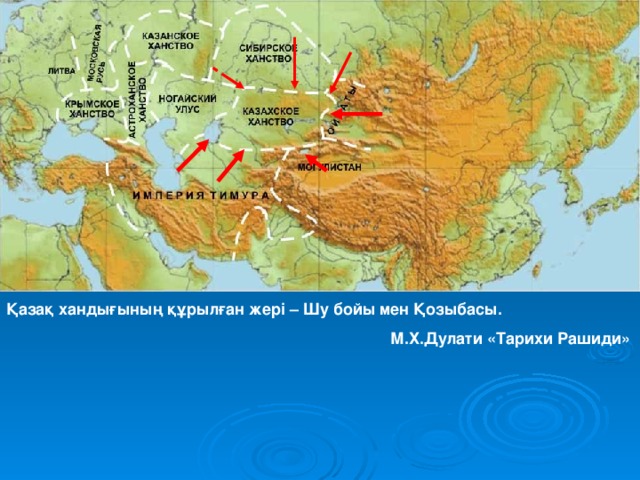 Қазақ хандығының құрылған жері – Шу бойы мен Қозыбасы.       М.Х.Дулати «Тарихи Рашиди» 