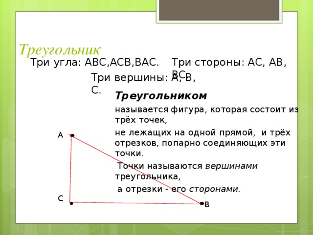  Треугольник   Три угла: АВС,АСВ,ВАС. Три стороны: АС, АВ, ВС. Три вершины: А, В, С. Треугольником  называется фигура, которая  состоит из трёх точек, не лежащих на одной прямой, и трёх отрезков, попарно соединяющих эти точки.  Точки называются вершинами  треугольника,  а отрезки - его сторонами. А С В 