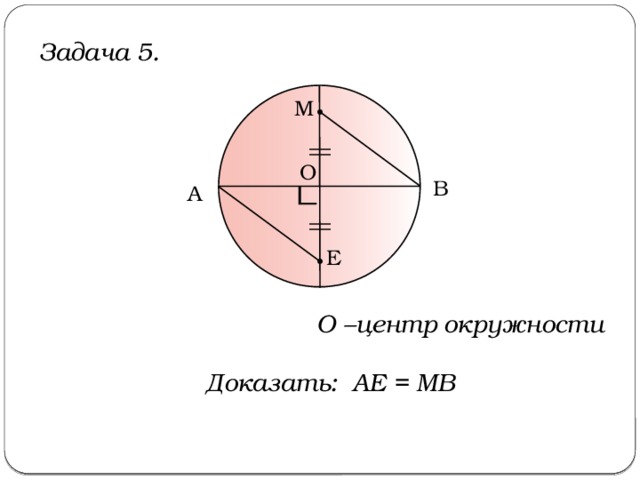 Задача 5. M O B А Е О –центр окружности Доказать: AE = MB 