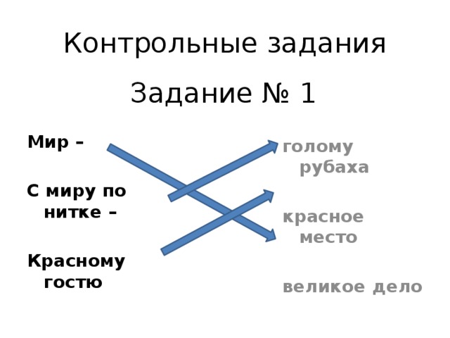 Контрольные задания Задание № 1     Мир – голому рубаха   красное место С миру по нитке –   великое дело Красному гостю  