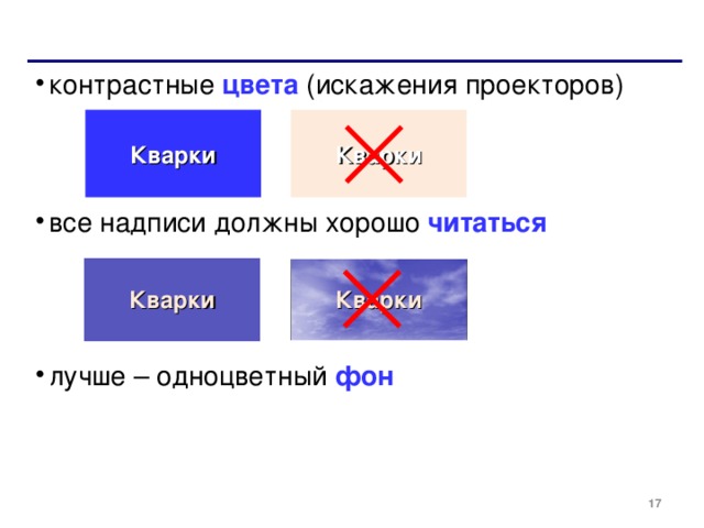 контрастные цвета (искажения проекторов)    все надписи должны хорошо читаться лучше – одноцветный фон Кварки Кварки Кварки Кварки 15 
