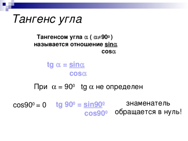 Тангенс угла Тангенсом угла  (    90 0  ) называется отношение sin    cos   tg  = sin   cos    При  = 90 0  tg   не определен знаменатель обращается в нуль! tg 90 0 = sin 90 0   cos 90 0  cos 90 0 = 0 
