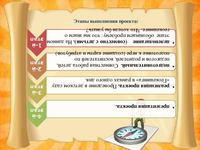 1-й этап целеполагание (совместно с детьми). На данном этапе обозначаем проблему: что мы знаем о геокешинге. Что хотели бы узнать? целеполагание (совместно с детьми). На данном этапе обозначаем проблему: что мы знаем о геокешинге. Что хотели бы узнать? 2-й этап подготовительный. Совместная работа детей, педагогов и родителей, воспитателей по подготовке к игре (создание карты и атрибутов) подготовительный. Совместная работа детей, педагогов и родителей, воспитателей по подготовке к игре (создание карты и атрибутов) 3-й этап реализация проекта. Проведение в детском саду «Геокешинга» в рамках одного дня. реализация проекта. Проведение в детском саду «Геокешинга» в рамках одного дня. 4-й этап презентация проекта. презентация проекта. Этапы выполнения проекта:    