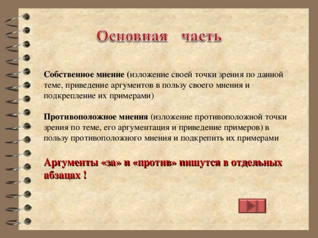 Собственное мнение ( изложение своей точки зрения по данной теме, приведение аргументов в пользу своего мнения и подкрепление их примерами) Противоположное мнения (изложение противоположной точки зрения по теме, его аргументация и приведение примеров) в пользу противоположного мнения и подкрепить их примерами  Аргументы «за» и «против» пишутся в отдельных абзацах ! 