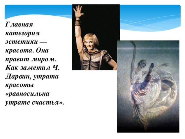 Главная категория эстетики — красота. Она правит миром. Как заметил Ч. Дарвин, утрата красоты «равносильна утрате счастья». 