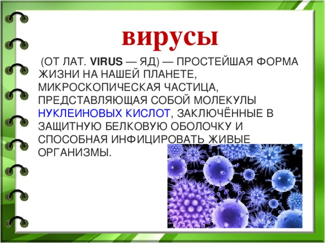 вирусы  (ОТ ЛАТ.  VIRUS  — ЯД) — ПРОСТЕЙШАЯ ФОРМА ЖИЗНИ НА НАШЕЙ ПЛАНЕТЕ, МИКРОСКОПИЧЕСКАЯ ЧАСТИЦА, ПРЕДСТАВЛЯЮЩАЯ СОБОЙ МОЛЕКУЛЫ  НУКЛЕИНОВЫХ КИСЛОТ , ЗАКЛЮЧЁННЫЕ В ЗАЩИТНУЮ БЕЛКОВУЮ ОБОЛОЧКУ И СПОСОБНАЯ ИНФИЦИРОВАТЬ ЖИВЫЕ ОРГАНИЗМЫ.  