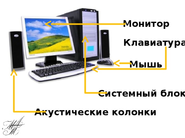 Монитор Клавиатура Мышь Системный блок Акустические колонки