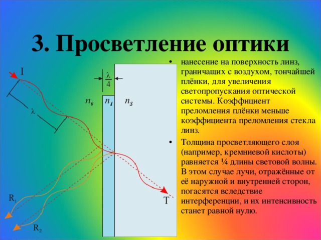 Просветление оптики. Просветление оптики физика. Толщина пленки для просветления оптики. Показатель преломления просветляющей пленки.