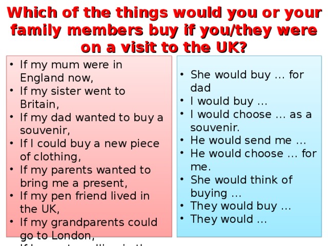 Which of the things would you or your family members buy if you/they were on a visit to the UK? If my mum were in England now, If my sister went to Britain, If my dad wanted to buy a souvenir, If I could buy a new piece of clothing, If my parents wanted to bring me a present, If my pen friend lived in the UK, If my grandparents could go to London, If I were travelling in the Highlands now, She would buy … for dad I would buy … I would choose … as a souvenir. He would send me … He would choose … for me. She would think of buying … They would buy … They would … …  