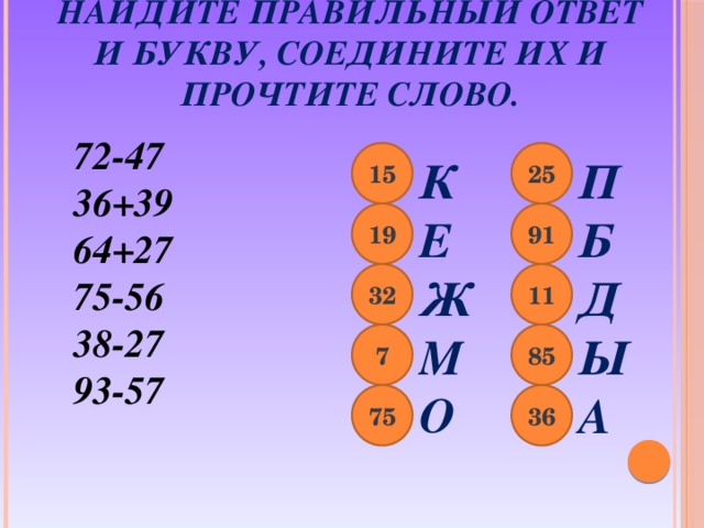 Найдите правильный ответ и букву, соедините их и прочтите слово. 25 15          К   ЕЖМО  72-47  36+39   64+27  75-56 38-27 93-57       ПБДЫА   19 91 11 32 7 85 36 75 