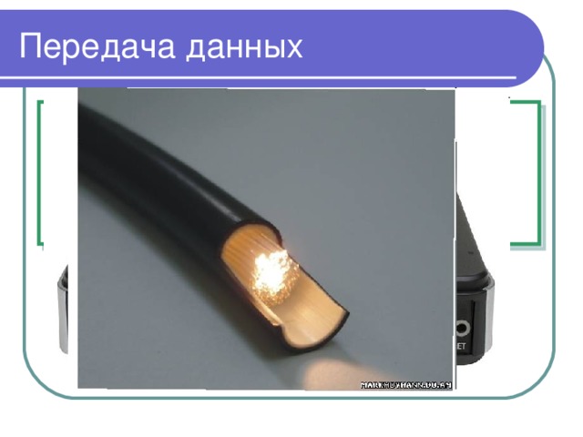 Передача данных Для передачи данных между компьютерами могут использоваться: телефонная линия; специальные электрические кабели; оптоволокно (нить из стекла или пластика, по которой идет свет); радиоволны (в беспроводных сетях). 