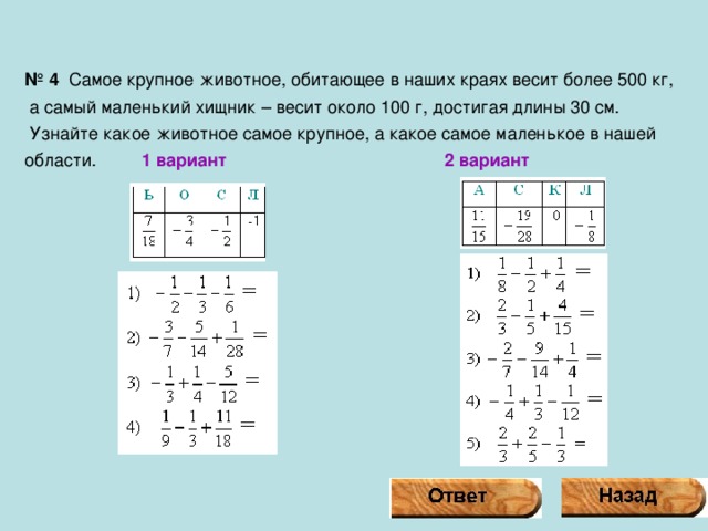 № 4 Самое крупное животное, обитающее в наших краях весит более 500 кг,  а самый маленький хищник – весит около 100 г, достигая длины 30 см.  Узнайте какое животное самое крупное, а какое самое маленькое в нашей области.  1 вариант  2 вариант 