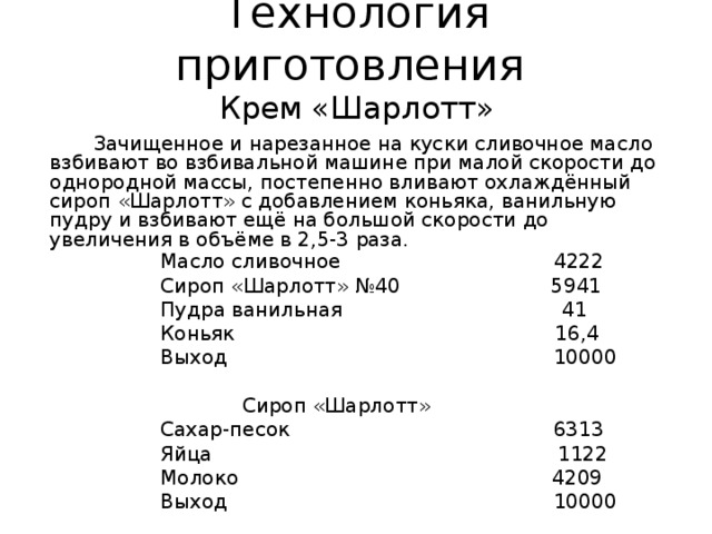 Бисквитный торт ттк. Технологическая схема крема Шарлотт. Крем Шарлотт рецептура технология приготовления.