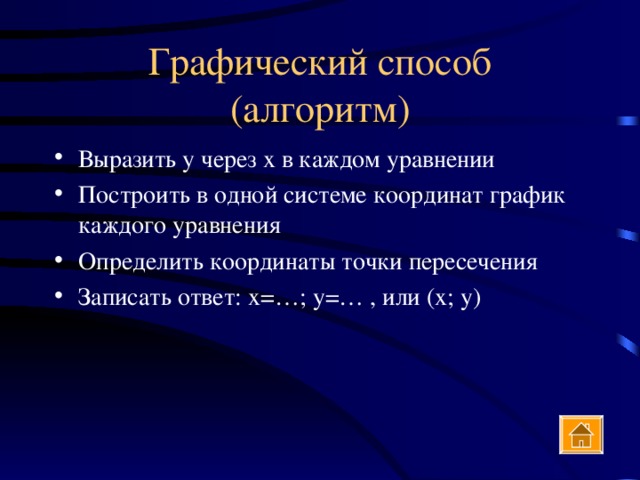 Выразить у через х в каждом уравнении Построить в одной системе координат график каждого уравнения Определить координаты точки пересечения Записать ответ: х=…; у=… , или (х; у) 