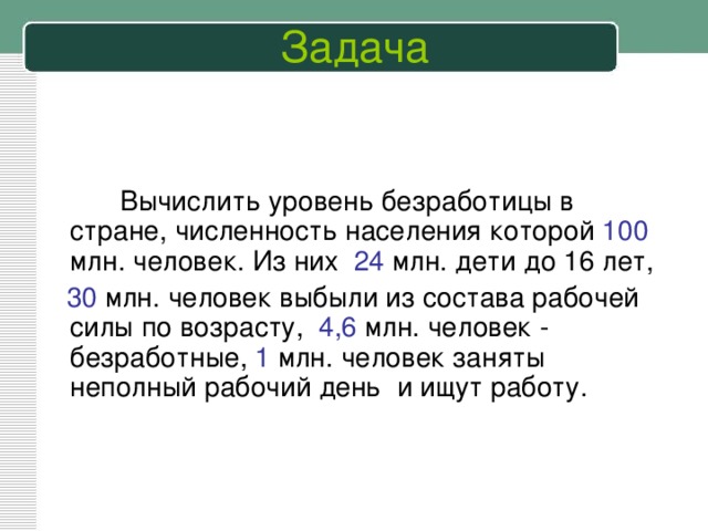 Задача  Вычислить уровень безработицы в стране, численность населения которой 100 млн. человек. Из них 24 млн. дети до 16 лет,  30 млн. человек выбыли из состава рабочей силы по возрасту, 4,6  млн. человек - безработные,  1  млн. человек заняты неполный рабочий день и ищут работу. 