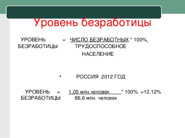 Уровень безработицы       УРОВЕНЬ            =   ЧИСЛО БЕЗРАБОТНЫХ * 100%   БЕЗРАБОТИЦЫ      ТРУДОСПОСОБНОЕ  НАСЕЛЕНИЕ         РОССИЯ 2012 ГОД   УРОВЕНЬ     =      1,05 млн.человек * 100% =12,12%    БЕЗРАБОТИЦЫ          86,6 млн. человек 