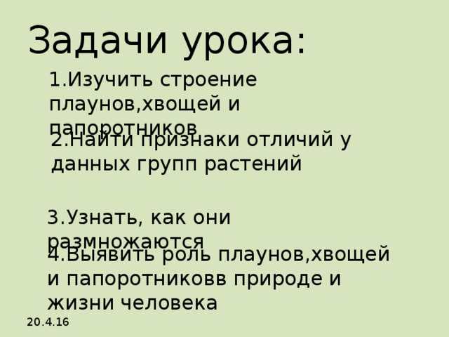 Задачи урока: 1.Изучить строение плаунов,хвощей и папоротников 2.Найти признаки отличий у данных групп растений 3.Узнать, как они размножаются 4.Выявить роль плаунов,хвощей и папоротниковв природе и жизни человека   