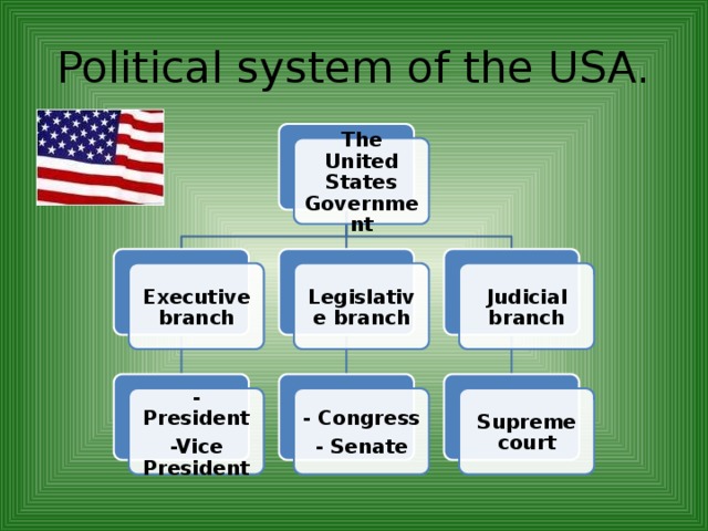 Political system of the USA. The United States Government Executive branch Judicial branch Legislative branch Supreme court - President - Congress - Senate -Vice President 
