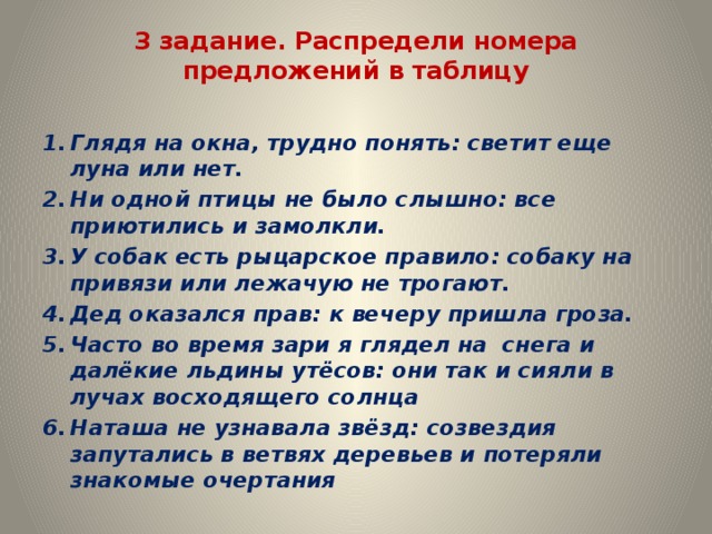 3 задание. Распредели номера предложений в таблицу Глядя на окна, трудно понять: светит еще луна или нет. Ни одной птицы не было слышно: все приютились и замолкли. У собак есть рыцарское правило: собаку на привязи или лежачую не трогают. Дед оказался прав: к вечеру пришла гроза. Часто во время зари я глядел на снега и далёкие льдины утёсов: они так и сияли в лучах восходящего солнца Наташа не узнавала звёзд: созвездия запутались в ветвях деревьев и потеряли знакомые очертания 