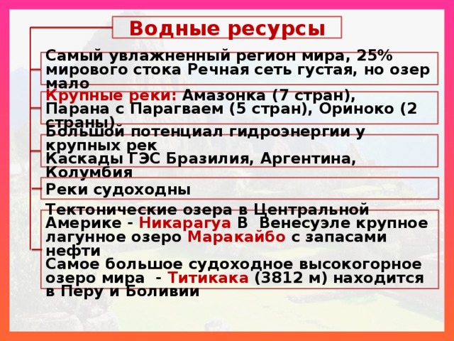 Водные ресурсы Самый увлажненный регион мира, 25% мирового стока Речная сеть густая, но озер мало Крупные реки: Амазонка (7 стран), Парана с Парагваем (5 стран), Ориноко (2 страны) Большой потенциал гидроэнергии у крупных рек Каскады ГЭС Бразилия, Аргентина, Колумбия Реки судоходны Тектонические озера в Центральной Америке - Никарагуа В Венесуэле крупное лагунное озеро Маракайбо с запасами нефти Самое большое судоходное высокогорное озеро мира - Титикака (3812 м) находится в Перу и Боливии 