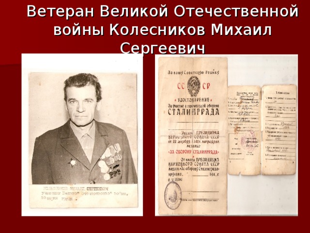 Ветеран Великой Отечественной войны Колесников Михаил Сергеевич 