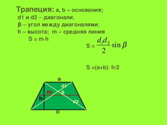 Трапеция через диагонали. Высота трапеции через диагонали. Формула нахождения диагонали трапеции через основания. Диагональ трапеции формула. Средняя линия трапеции через диагонали.