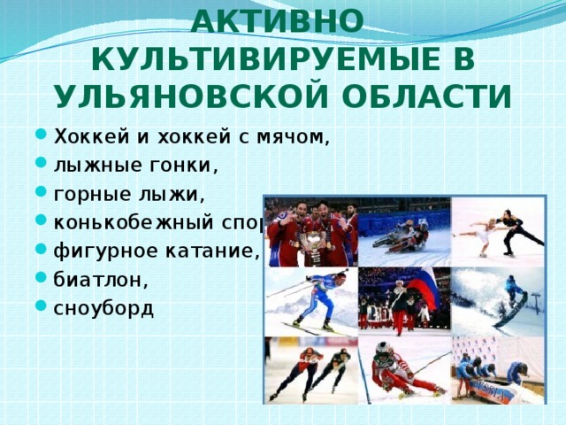 Зимние виды спорта активно  культивируемые в Ульяновской области Хоккей и хоккей с мячом, лыжные гонки, горные лыжи, конькобежный спорт, фигурное катание, биатлон, сноуборд 