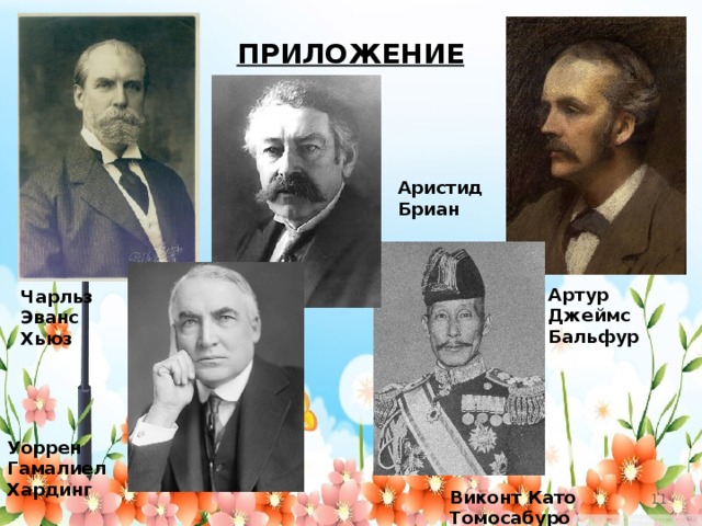 ПРИЛОЖЕНИЕ Аристид Бриан Артур Джеймс Бальфур Чарльз Эванс Хьюз Уоррен Гамалиел Хардинг Виконт Като Томосабуро   