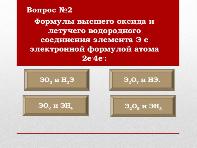 Формулы высшего оксида и летучего водородного соединения элемента Э с электронной формулой атома 2 e - 4 e - : Э O 3 и Н 2 Э Э 2 O 7 и НЭ. Э O 2 и ЭН 4 Э 2 O 5 и ЭН 3