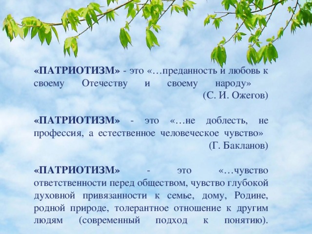 «ПАТРИОТИЗМ» - это «…преданность и любовь к своему Отечеству и своему народу»  (С. И. Ожегов)   «ПАТРИОТИЗМ» - это «…не доблесть, не профессия, а естественное человеческое чувство»  (Г. Бакланов)   «ПАТРИОТИЗМ» - это «…чувство ответственности перед обществом, чувство глубокой духовной привязанности к семье, дому, Родине, родной природе, толерантное отношение к другим людям (современный подход к понятию).   