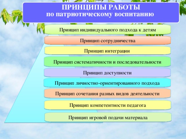 ПРИНЦИПЫ РАБОТЫ по патриотическому воспитанию  Принцип индивидуального подхода к детям Принцип сотрудничества Принцип интеграции Принцип систематичности и последовательности Принцип доступности Принцип личностно-ориентированного подхода Принцип сочетания разных видов деятельности Принцип компетентности педагога Принцип игровой подачи материала 