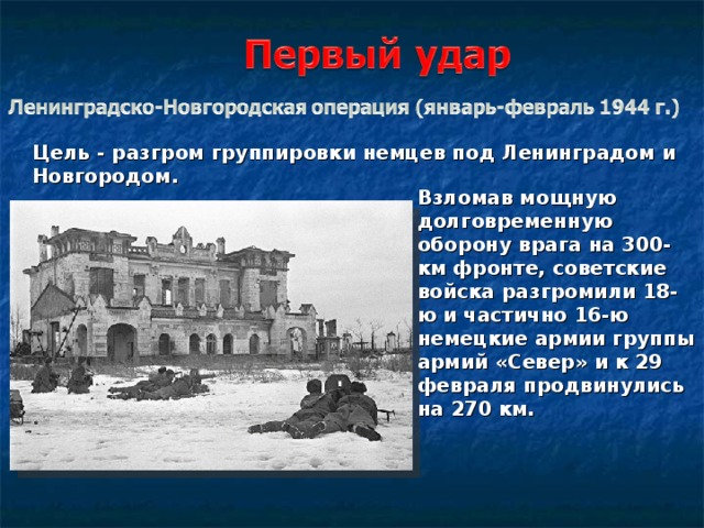 Цель - разгром группировки немцев под Ленинградом и Новгородом. Взломав мощную долговременную оборону врага на 300-км фронте, советские войска разгромили 18-ю и частично 16-ю немецкие армии группы армий «Север» и к 29 февраля продвинулись на 270 км. 
